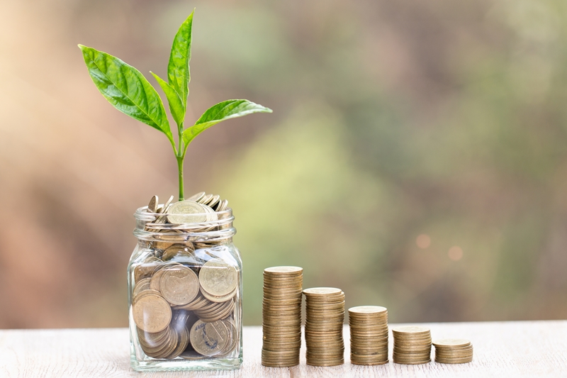 A glass jar full of coins and leaves sprouting from; stacks of coins placed next to the jar