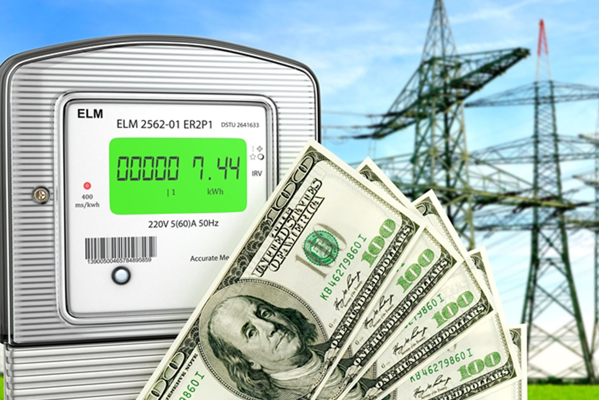 Picture of a smart meter, dollar notes (denoting savings) and transmission towers (denoting smart grid)